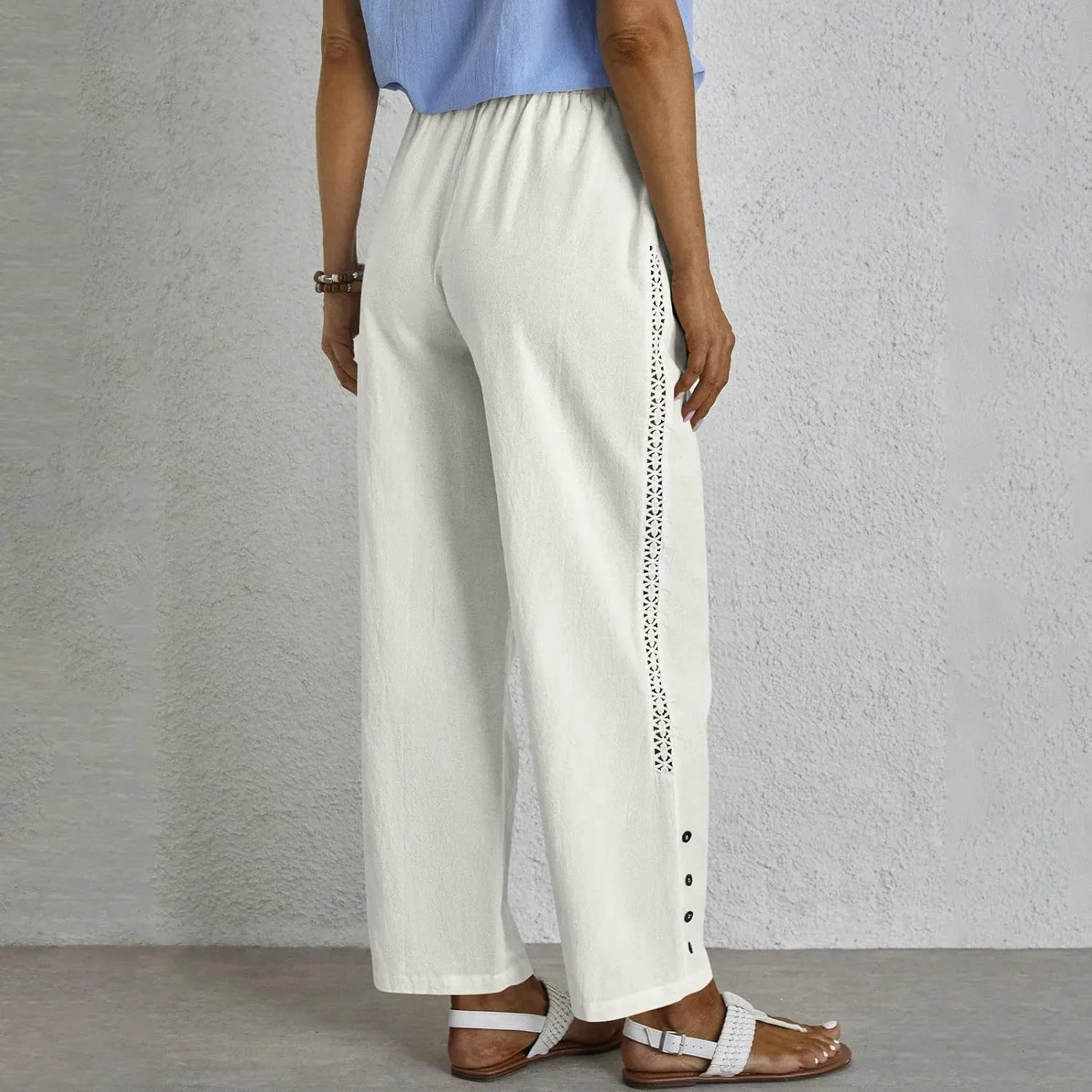 Drawstring Waist Linen Pants for Women Elastic Waistband Straight Leg Button Detailing Trouser Beach Boho Casual Pant
