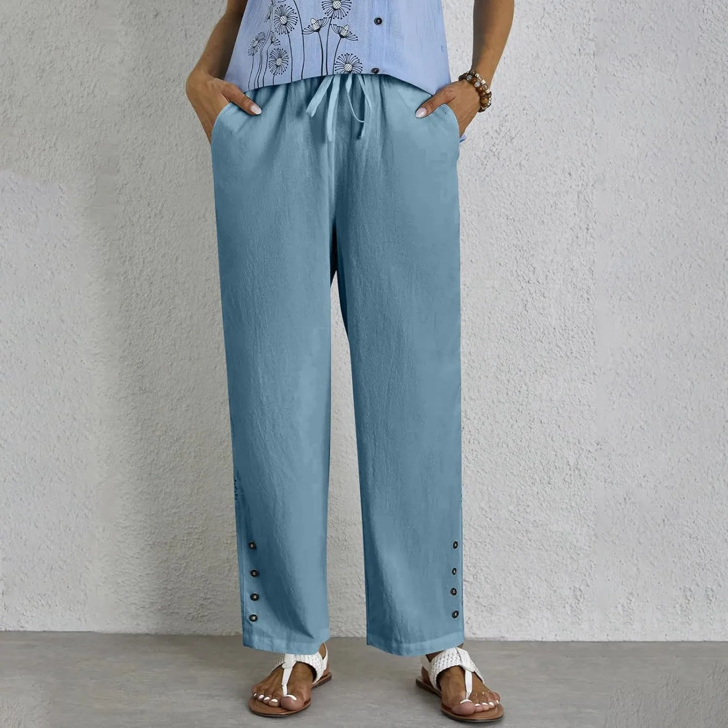 Drawstring Waist Linen Pants for Women Elastic Waistband Straight Leg Button Detailing Trouser Beach Boho Casual Pant
