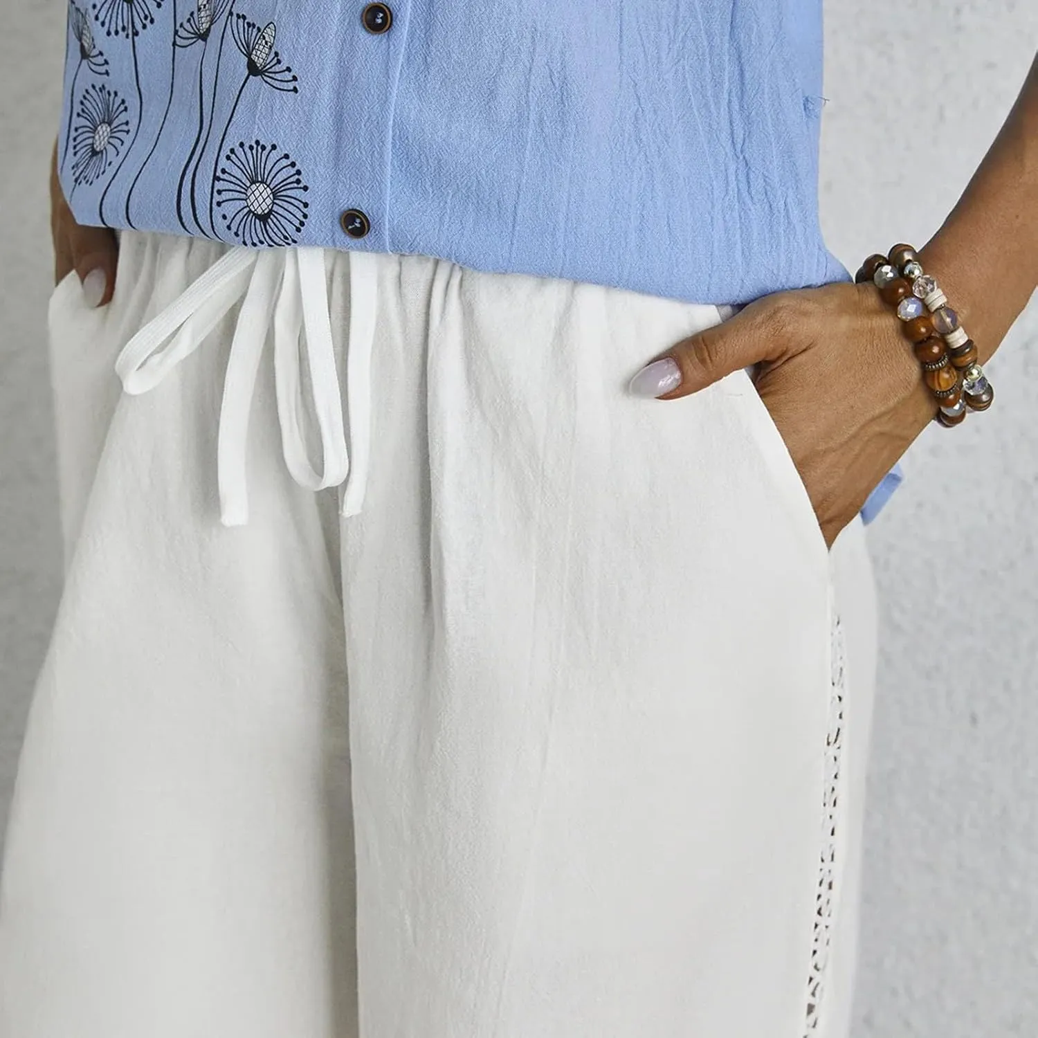 Drawstring Waist Linen Pants for Women Elastic Waistband Straight Leg Button Detailing Trouser Beach Boho Casual Pant
