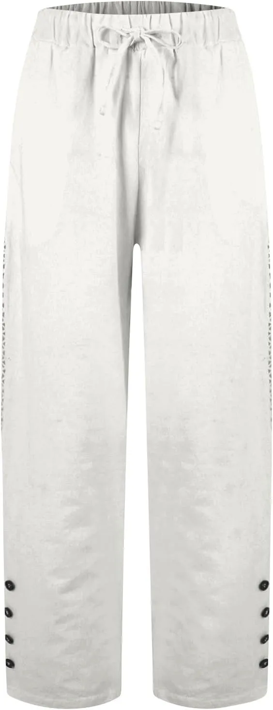 Drawstring Waist Linen Pants for Women Elastic Waistband Straight Leg Button Detailing Trouser Beach Boho Casual Pant