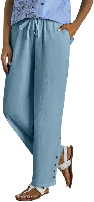 Drawstring Waist Linen Pants for Women Elastic Waistband Straight Leg Button Detailing Trouser Beach Boho Casual Pant