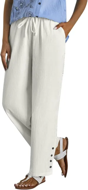 Drawstring Waist Linen Pants for Women Elastic Waistband Straight Leg Button Detailing Trouser Beach Boho Casual Pant