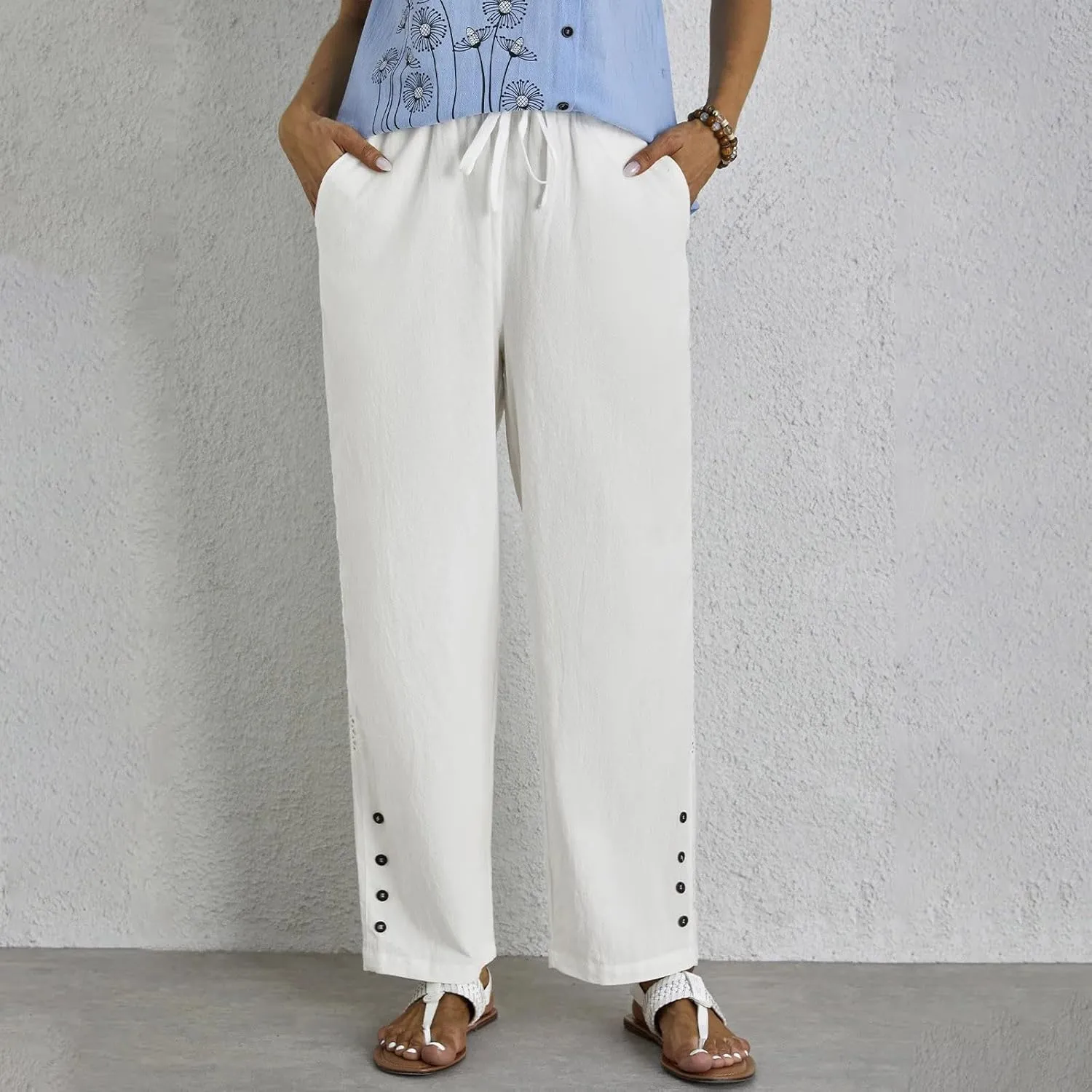 Drawstring Waist Linen Pants for Women Elastic Waistband Straight Leg Button Detailing Trouser Beach Boho Casual Pant
