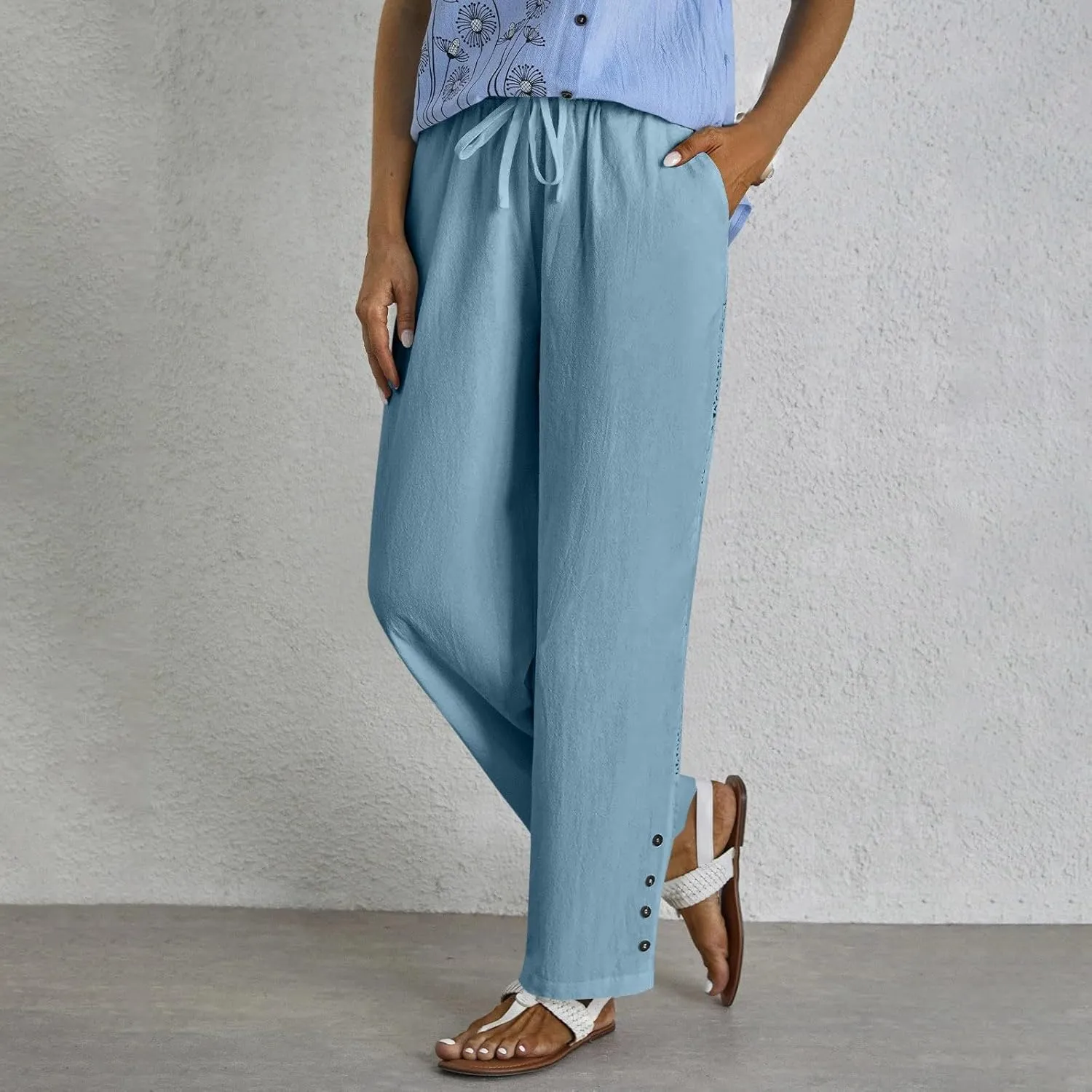 Drawstring Waist Linen Pants for Women Elastic Waistband Straight Leg Button Detailing Trouser Beach Boho Casual Pant