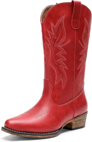 DREAM PAIRS Cowboy Boots for Women Cowgirl Western Mid Calf Boots Square Toe Embroidered Stitched Low Chunky Heel Pull On Fashion Boots