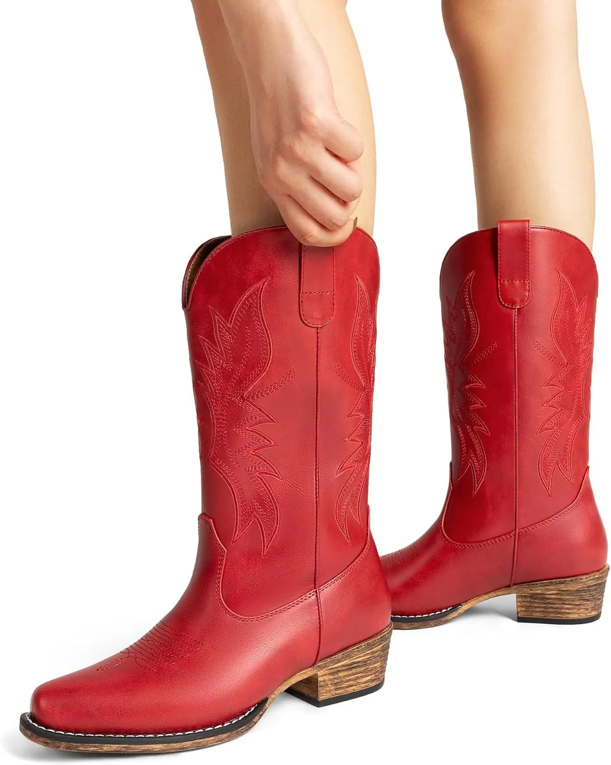 DREAM PAIRS Cowboy Boots for Women Cowgirl Western Mid Calf Boots Square Toe Embroidered Stitched Low Chunky Heel Pull On Fashion Boots