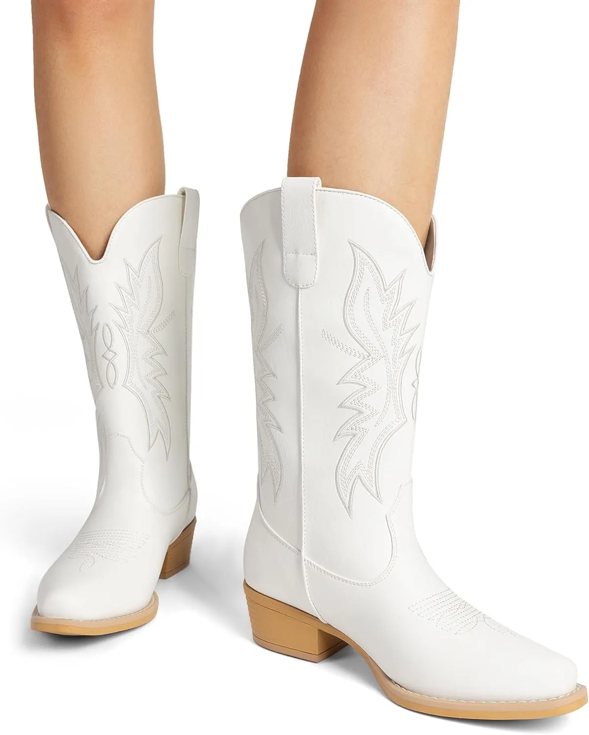 DREAM PAIRS Cowboy Boots for Women Cowgirl Western Mid Calf Boots Square Toe Embroidered Stitched Low Chunky Heel Pull On Fashion Boots