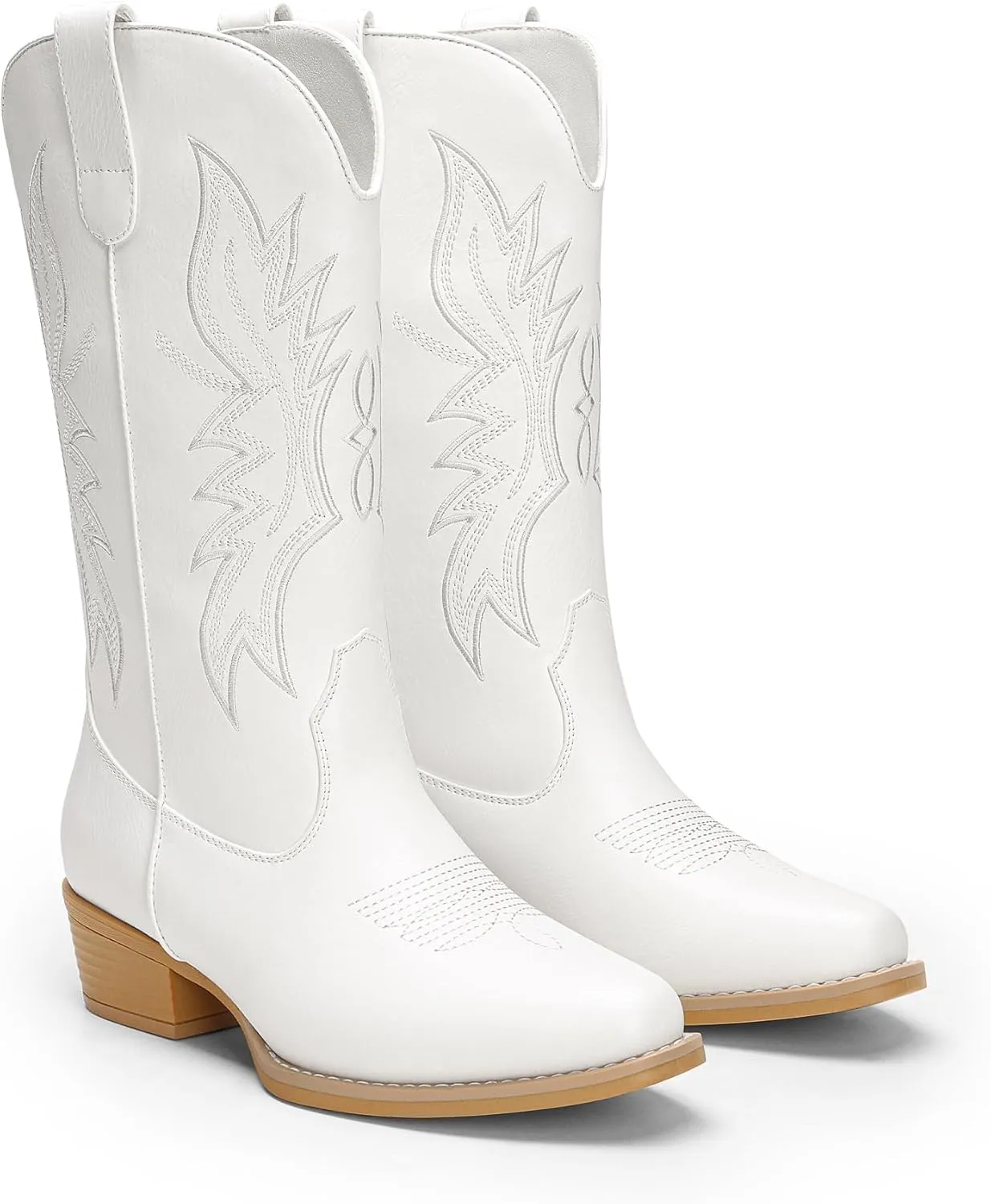 DREAM PAIRS Cowboy Boots for Women Cowgirl Western Mid Calf Boots Square Toe Embroidered Stitched Low Chunky Heel Pull On Fashion Boots