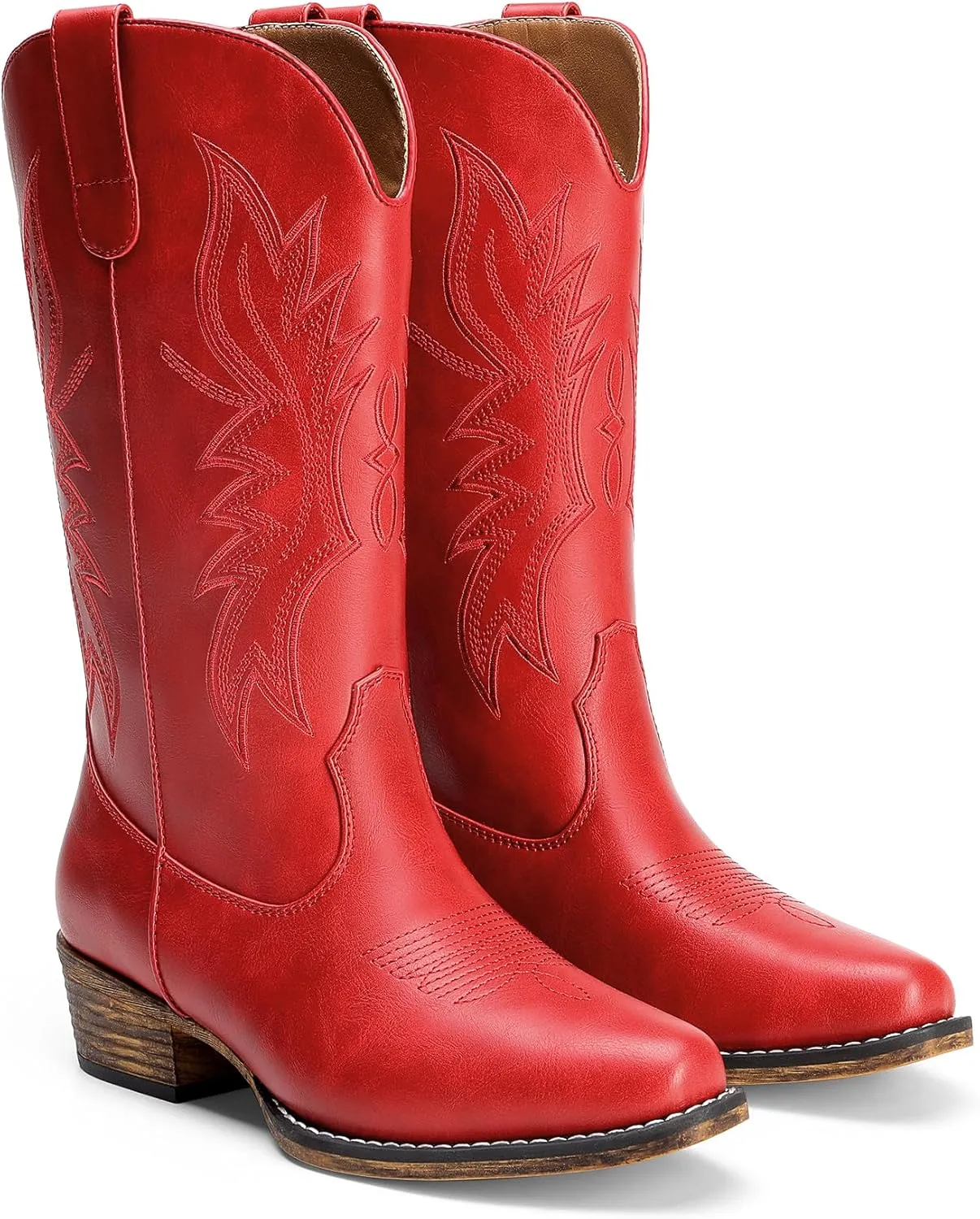 DREAM PAIRS Cowboy Boots for Women Cowgirl Western Mid Calf Boots Square Toe Embroidered Stitched Low Chunky Heel Pull On Fashion Boots
