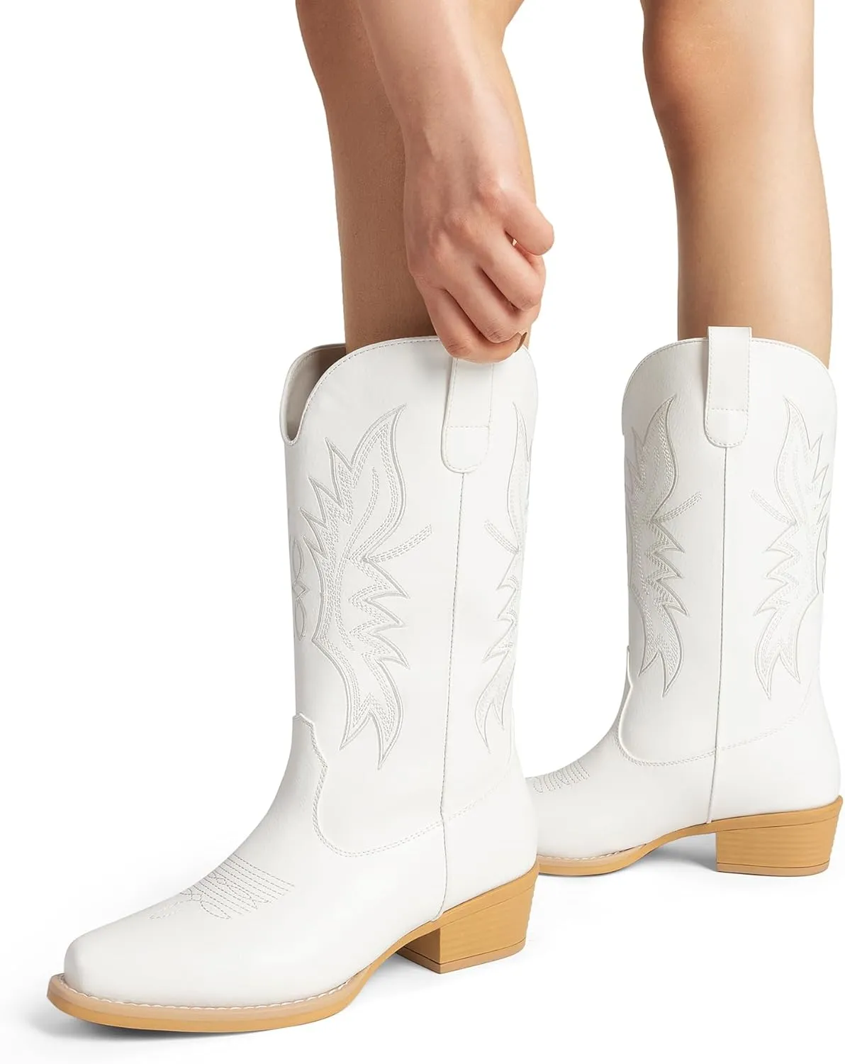 DREAM PAIRS Cowboy Boots for Women Cowgirl Western Mid Calf Boots Square Toe Embroidered Stitched Low Chunky Heel Pull On Fashion Boots