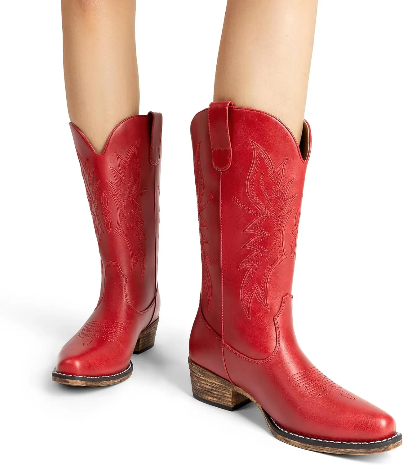 DREAM PAIRS Cowboy Boots for Women Cowgirl Western Mid Calf Boots Square Toe Embroidered Stitched Low Chunky Heel Pull On Fashion Boots