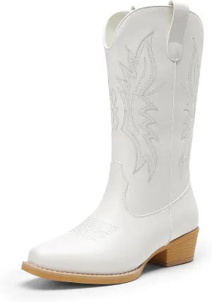 DREAM PAIRS Cowboy Boots for Women Cowgirl Western Mid Calf Boots Square Toe Embroidered Stitched Low Chunky Heel Pull On Fashion Boots
