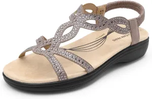 DREAM PAIRS Women's Comfort Dressy Rhinestone Summer Beach Sandals Slip-on Flat Walking Orthopedic Sandals with Elastica Back Strap