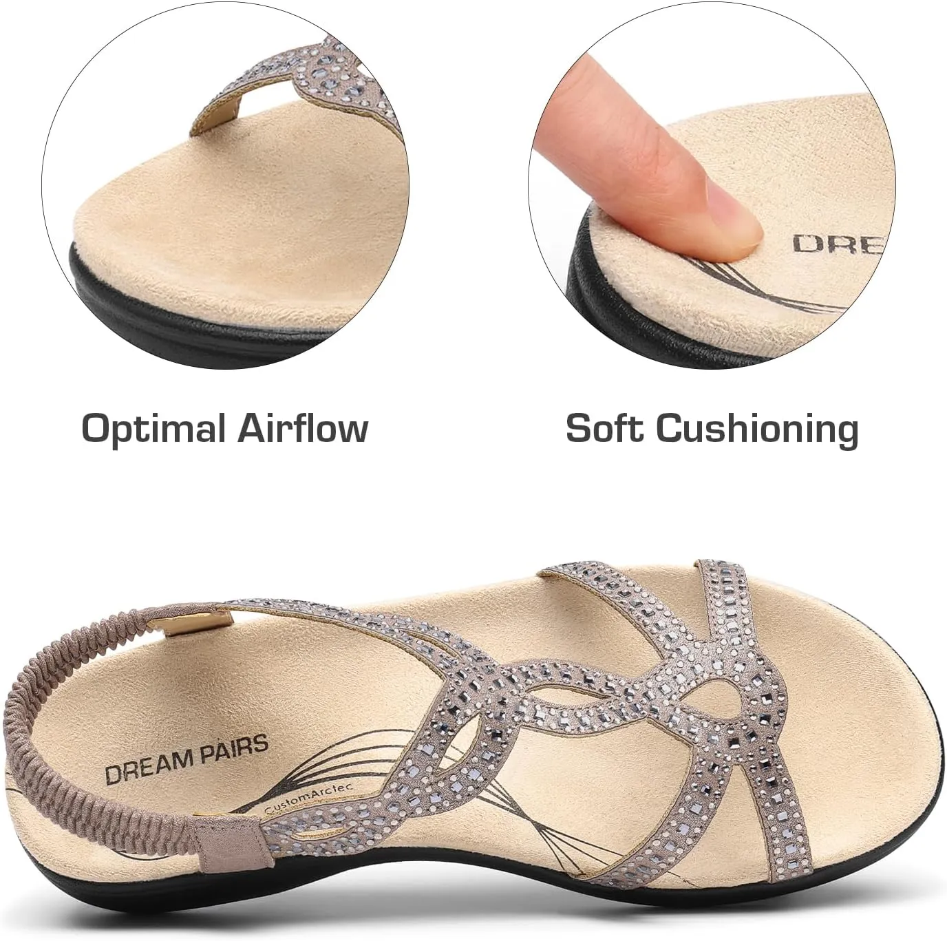 DREAM PAIRS Women's Comfort Dressy Rhinestone Summer Beach Sandals Slip-on Flat Walking Orthopedic Sandals with Elastica Back Strap