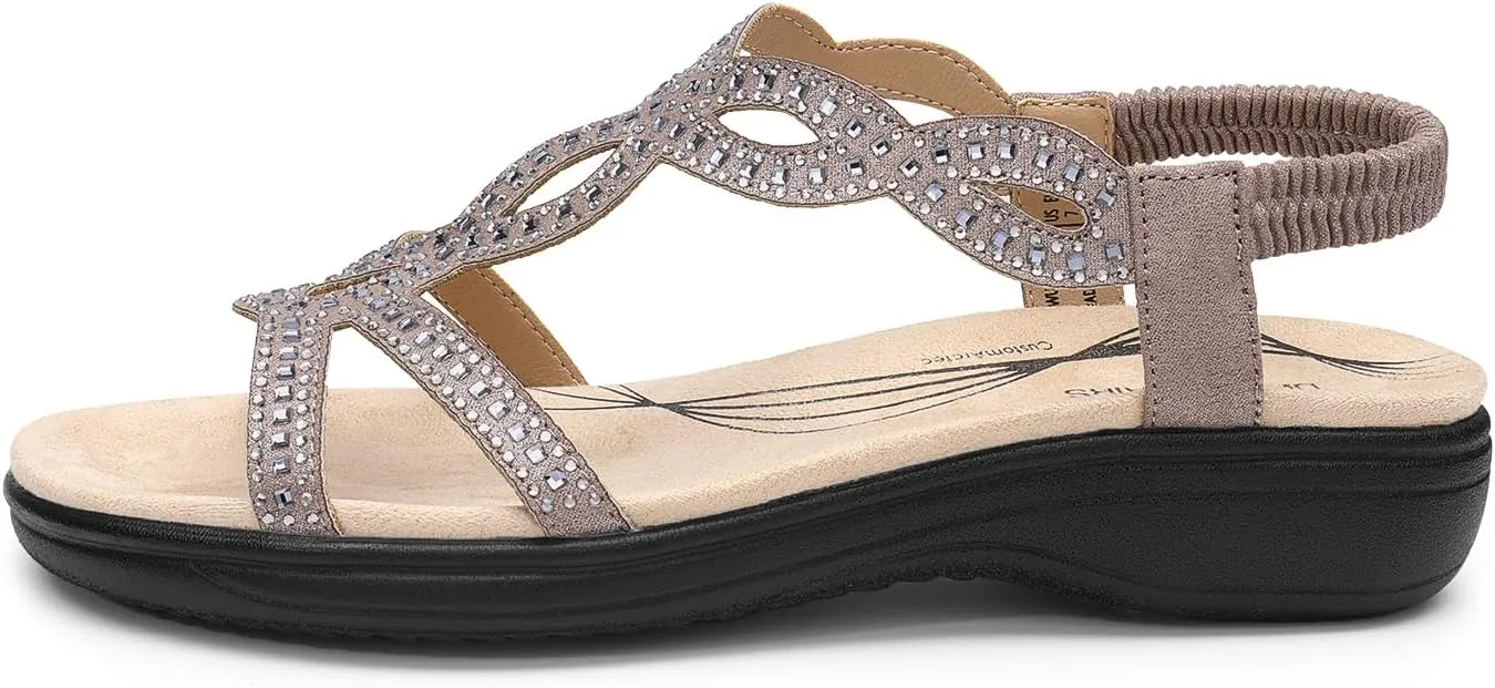 DREAM PAIRS Women's Comfort Dressy Rhinestone Summer Beach Sandals Slip-on Flat Walking Orthopedic Sandals with Elastica Back Strap