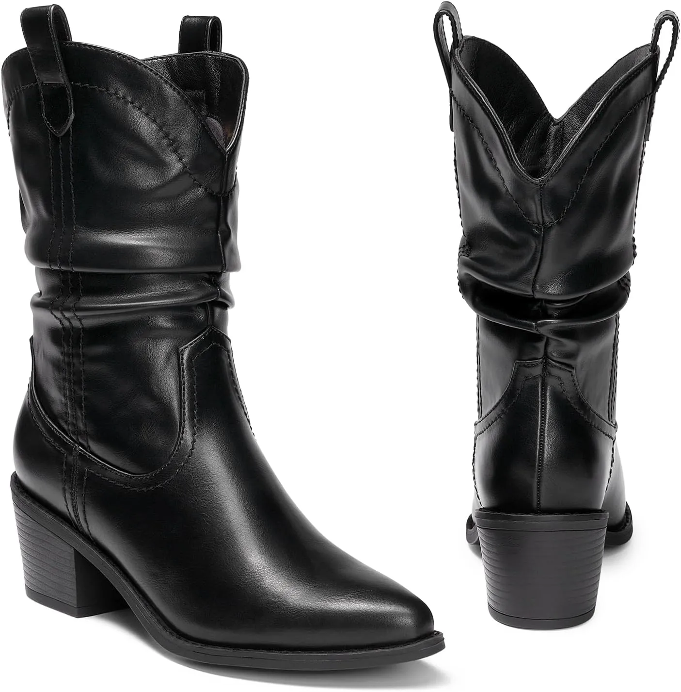 DREAM PAIRS Women's Cowgirl Boots, Mid Calf Western Cowboy Chunky Heel Boots, Slouchy & Pull-on Ankle Booties for women