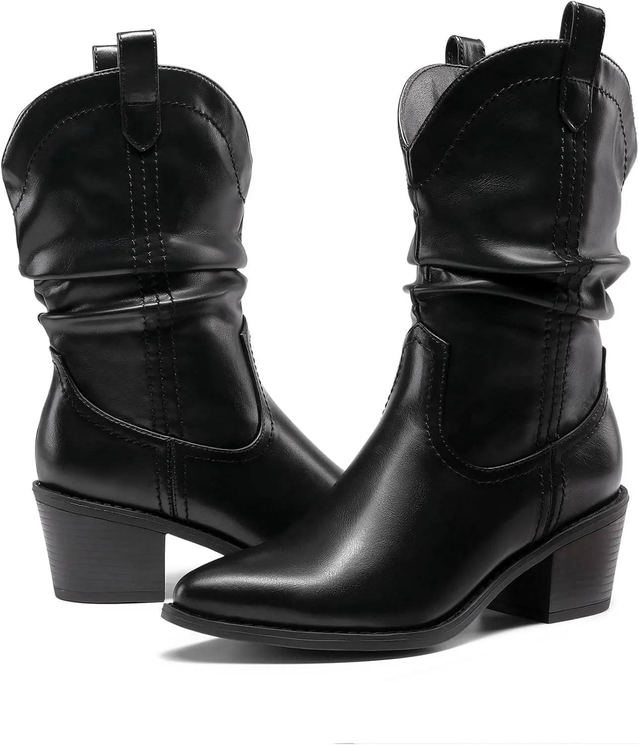 DREAM PAIRS Women's Cowgirl Boots, Mid Calf Western Cowboy Chunky Heel Boots, Slouchy & Pull-on Ankle Booties for women