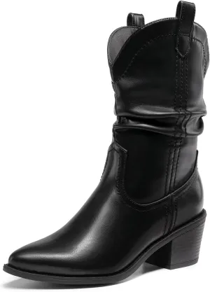 DREAM PAIRS Women's Cowgirl Boots, Mid Calf Western Cowboy Chunky Heel Boots, Slouchy & Pull-on Ankle Booties for women