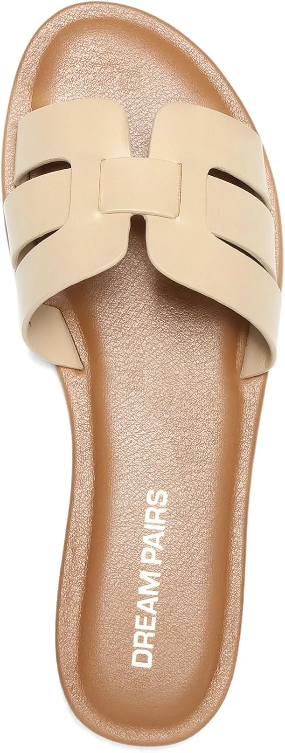 DREAM PAIRS Women's Dressy Slide Sandals Slip-on Open Round Toe Flat Sandals Fashion Casual Comfortable Summer Beach Walking Slides