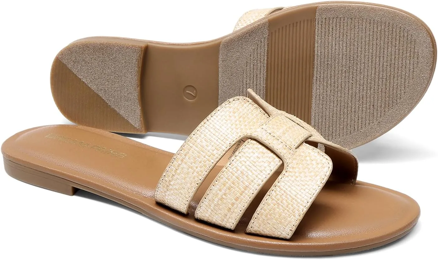 DREAM PAIRS Women's Dressy Slide Sandals Slip-on Open Round Toe Flat Sandals Fashion Casual Comfortable Summer Beach Walking Slides