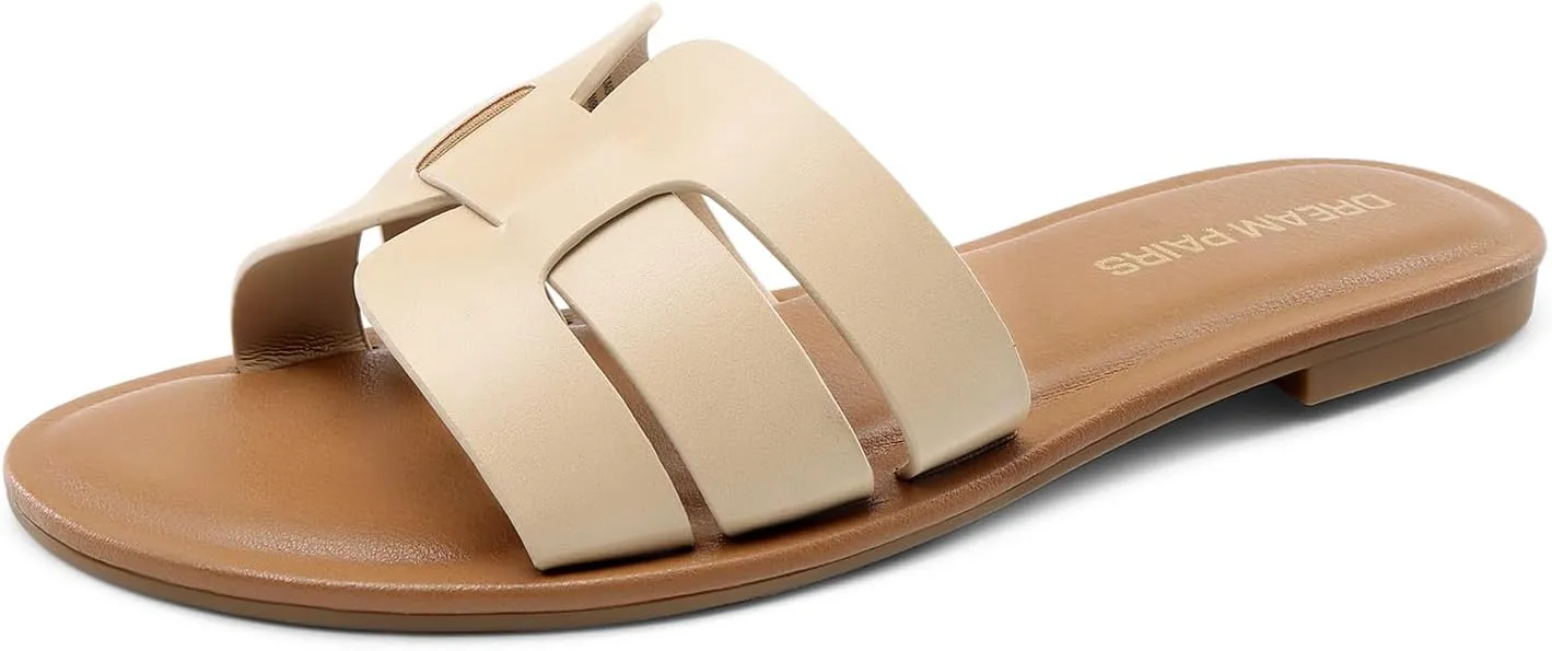 DREAM PAIRS Women's Dressy Slide Sandals Slip-on Open Round Toe Flat Sandals Fashion Casual Comfortable Summer Beach Walking Slides