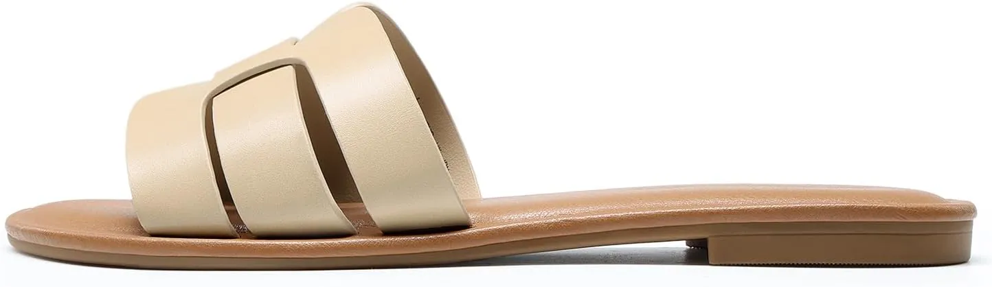 DREAM PAIRS Women's Dressy Slide Sandals Slip-on Open Round Toe Flat Sandals Fashion Casual Comfortable Summer Beach Walking Slides