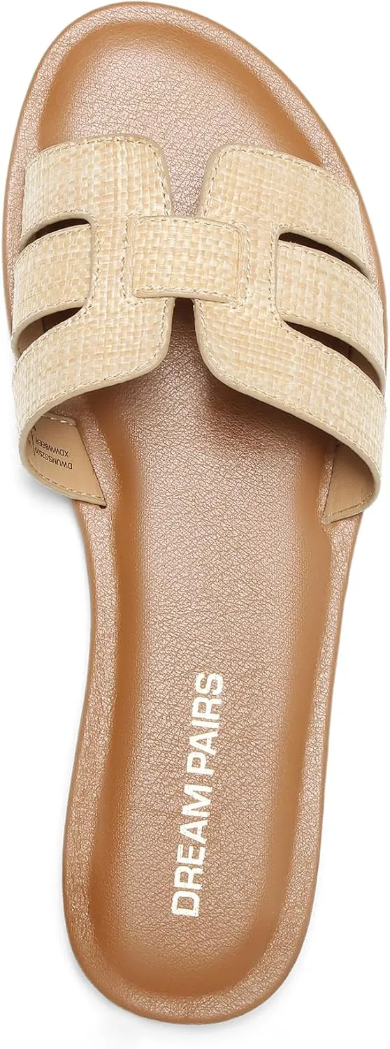 DREAM PAIRS Women's Dressy Slide Sandals Slip-on Open Round Toe Flat Sandals Fashion Casual Comfortable Summer Beach Walking Slides