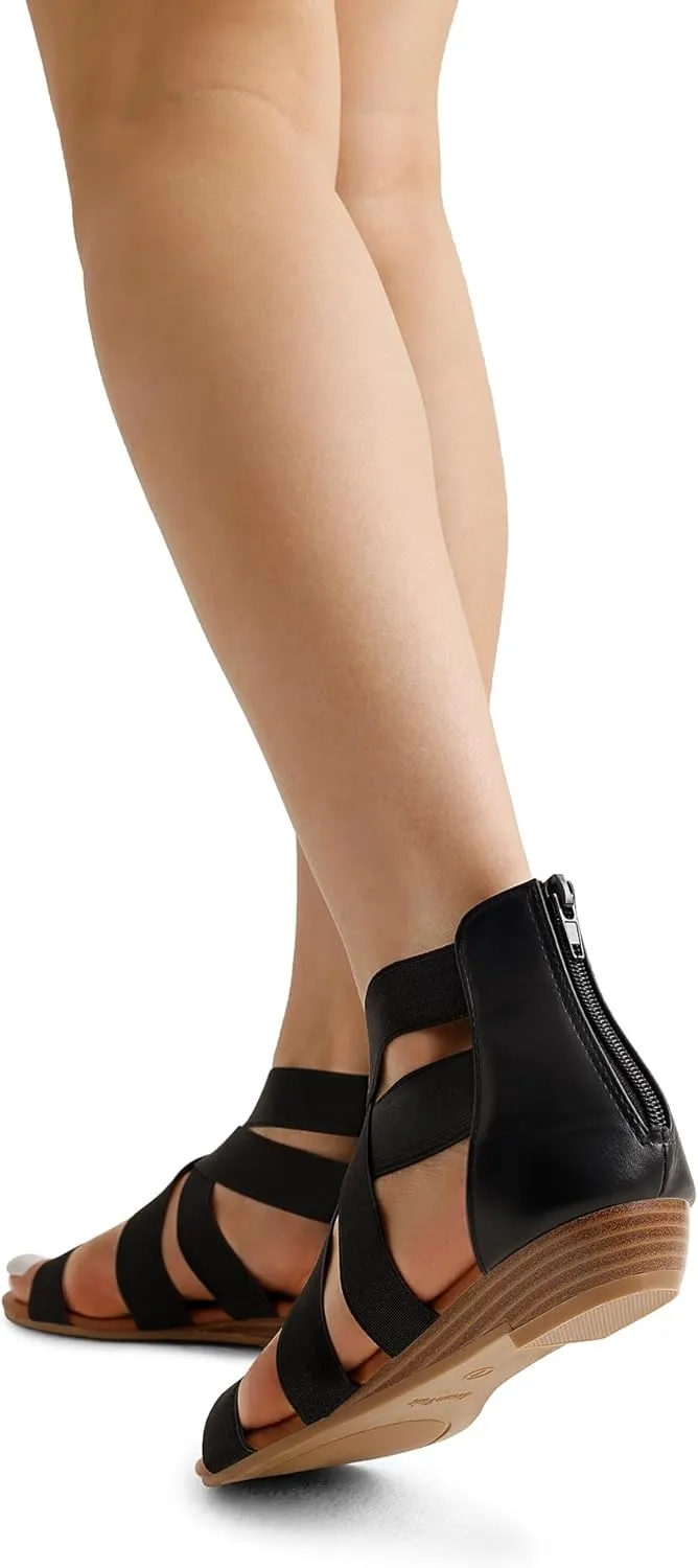 DREAM PAIRS Women's Elastic Ankle Strap Low Wedges Sandals