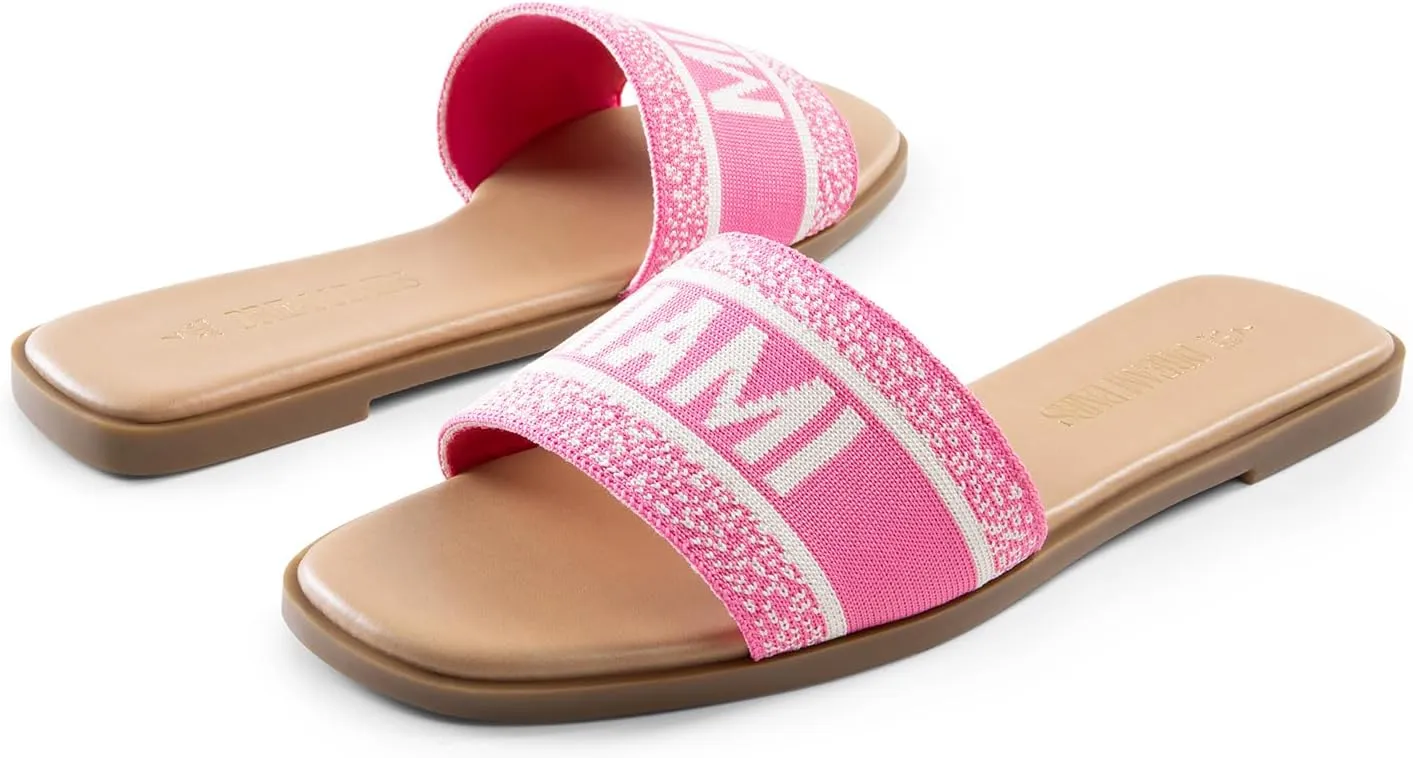 DREAM PAIRS Women's Flat Sandals Slip On Slides Sandals Square Open Toe Jacquard Braided Fashion Slides Casual Beach Slippers for Summer