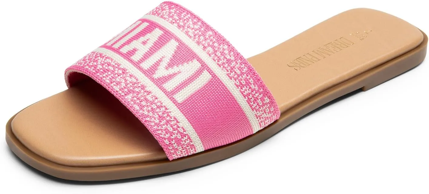 DREAM PAIRS Women's Flat Sandals Slip On Slides Sandals Square Open Toe Jacquard Braided Fashion Slides Casual Beach Slippers for Summer