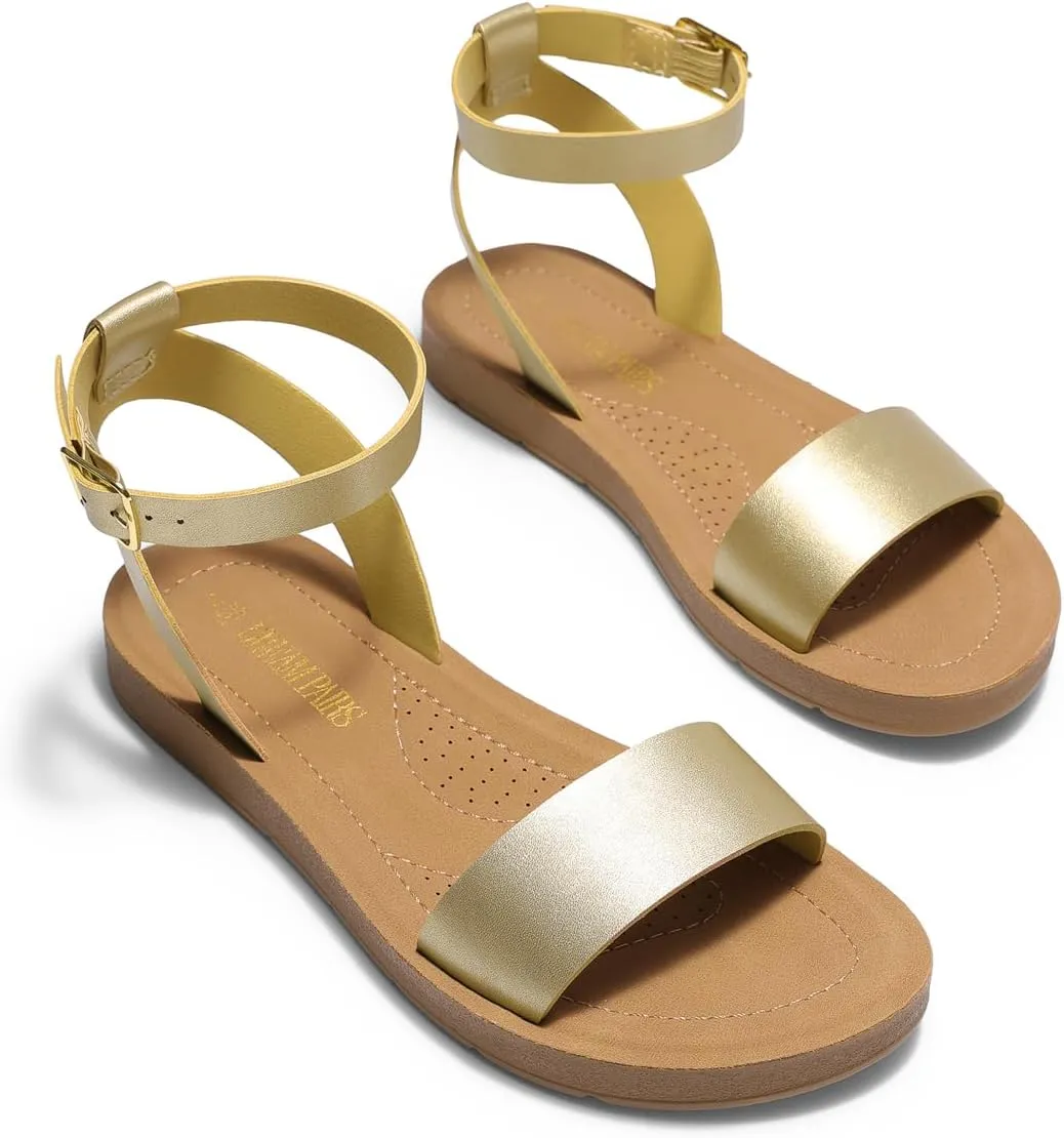 DREAM PAIRS Women’s One Band Ankle Strap Buckle Flat Sandals