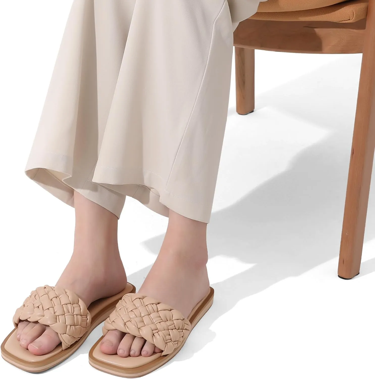 DREAM PAIRS Women's Square Open Toe Slide Sandals Cute Slip on Braided Strap Rhinestone Flat Sandals for Summer