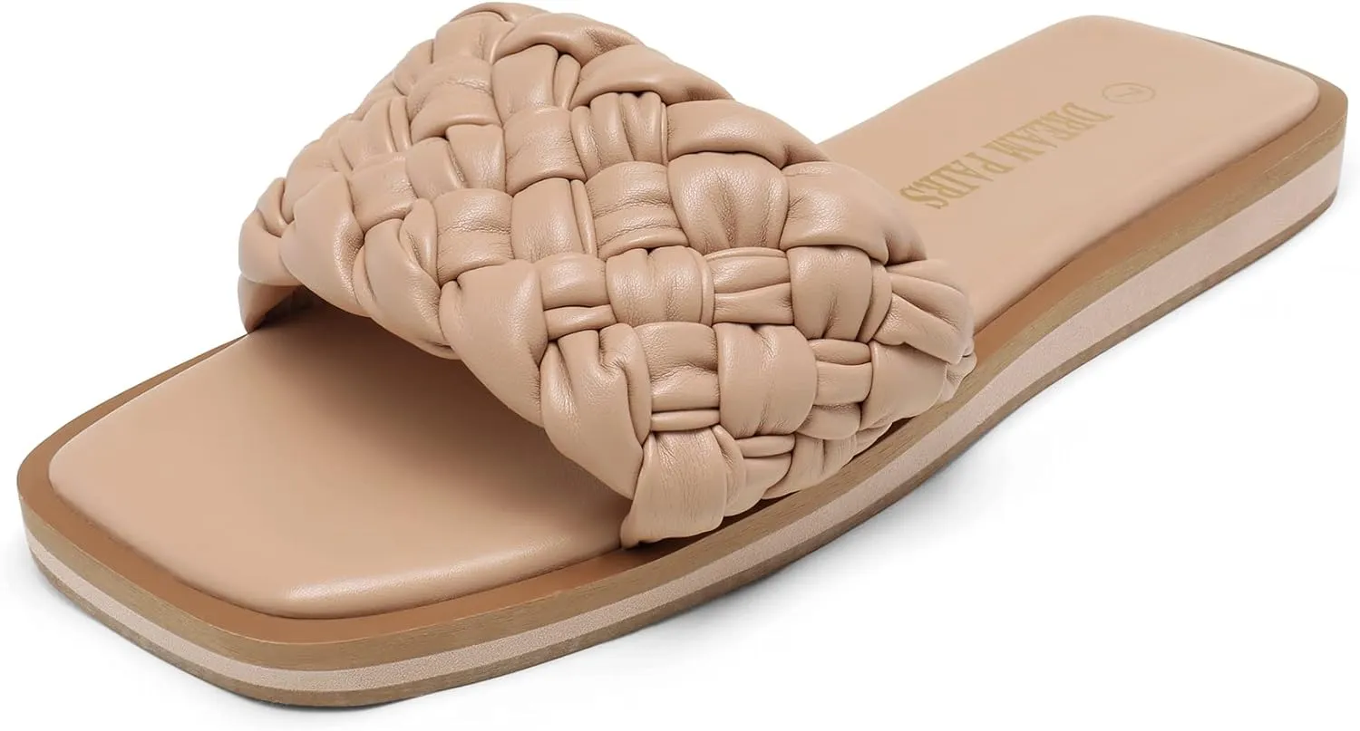 DREAM PAIRS Women's Square Open Toe Slide Sandals Cute Slip on Braided Strap Rhinestone Flat Sandals for Summer