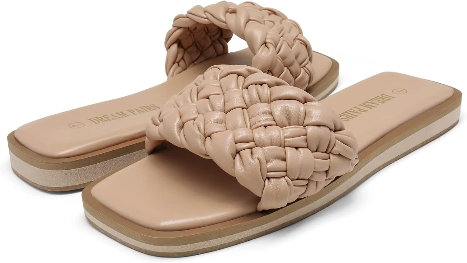 DREAM PAIRS Women's Square Open Toe Slide Sandals Cute Slip on Braided Strap Rhinestone Flat Sandals for Summer
