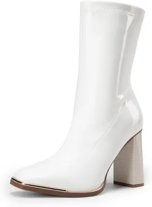 DREAM PAIRS Women's Square Toe Gogo Boots Elastic Ankle Boots High Chunky Block Heel Mid Calf Boots