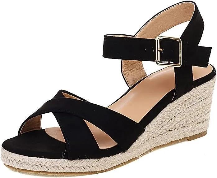 DREAMCIA Espadrilles Wedge Platform Sandals for Women Strappy Ankle Strap Buckle Open Toe Sandals Dressy Shoes Summer