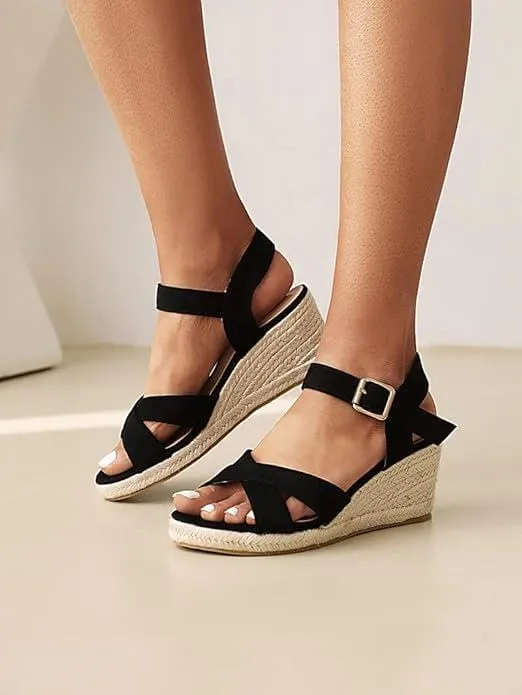 DREAMCIA Espadrilles Wedge Platform Sandals for Women Strappy Ankle Strap Buckle Open Toe Sandals Dressy Shoes Summer