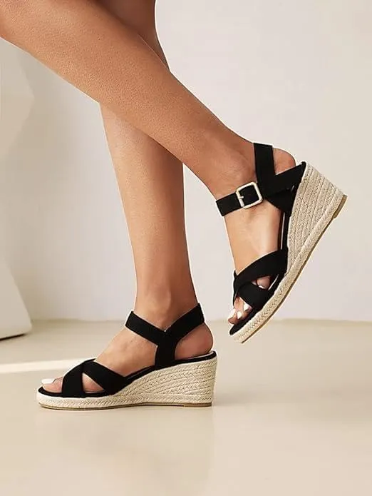 DREAMCIA Espadrilles Wedge Platform Sandals for Women Strappy Ankle Strap Buckle Open Toe Sandals Dressy Shoes Summer