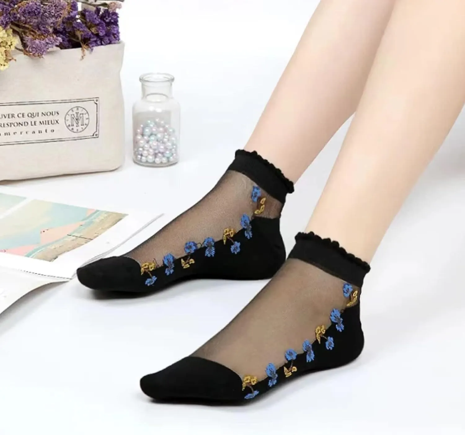 DXYAKY 5 Pairs Womens No show Socks Low Cut Girls Lace Socks Thin Nylon Mesh Socks Floral Patterned Fishnet Short Sock