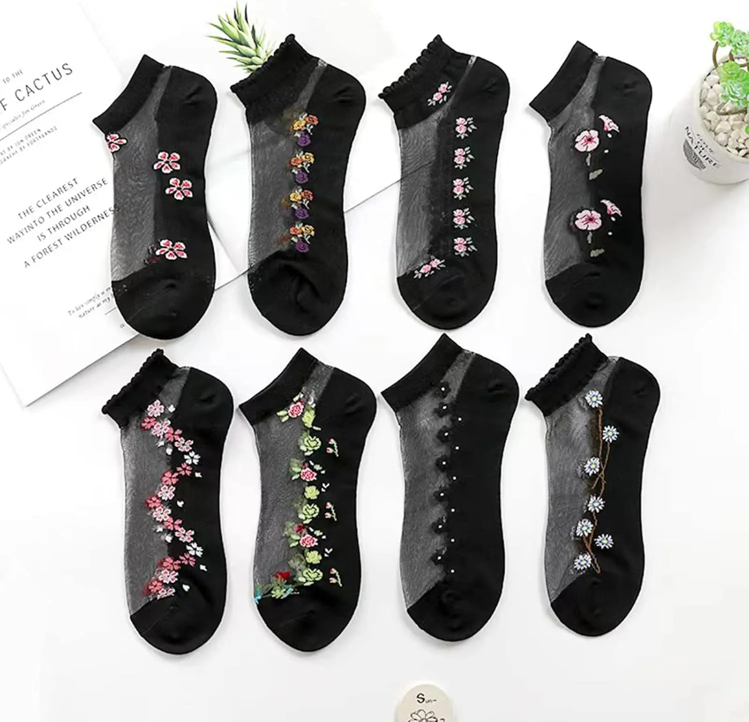 DXYAKY 5 Pairs Womens No show Socks Low Cut Girls Lace Socks Thin Nylon Mesh Socks Floral Patterned Fishnet Short Sock