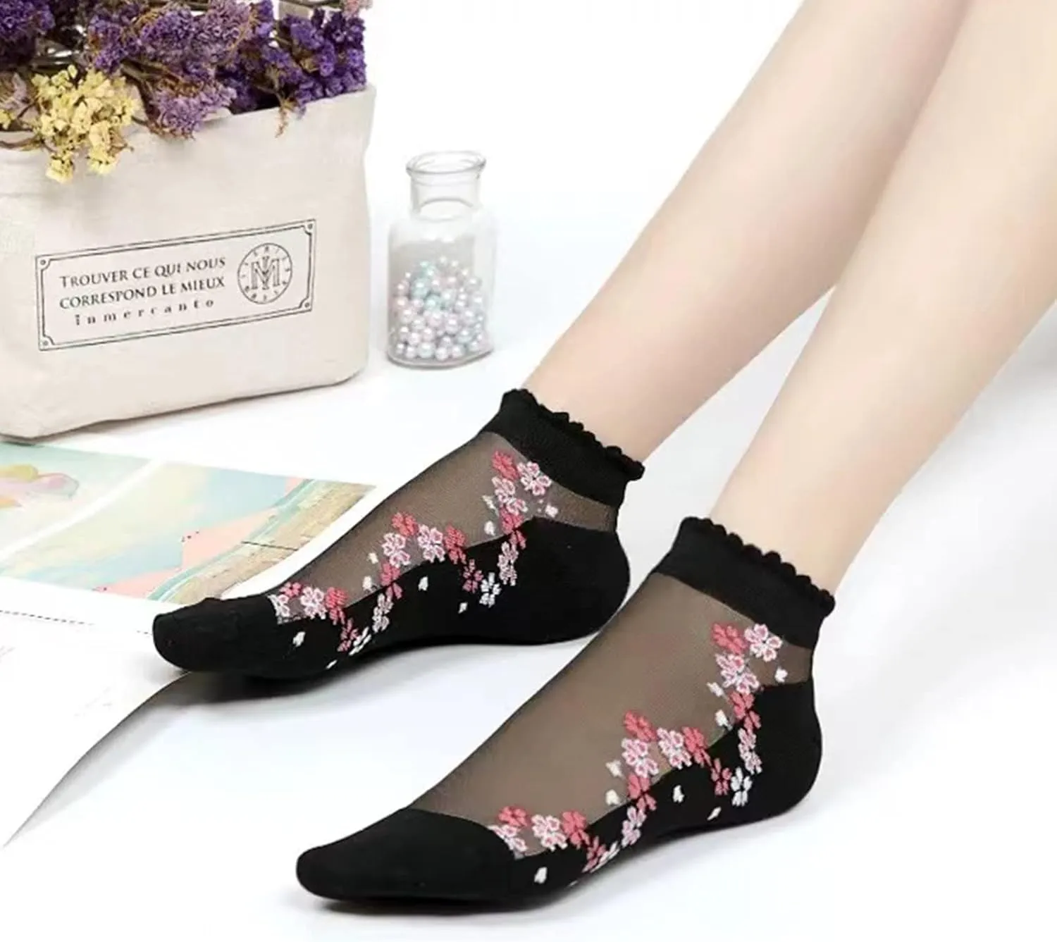 DXYAKY 5 Pairs Womens No show Socks Low Cut Girls Lace Socks Thin Nylon Mesh Socks Floral Patterned Fishnet Short Sock