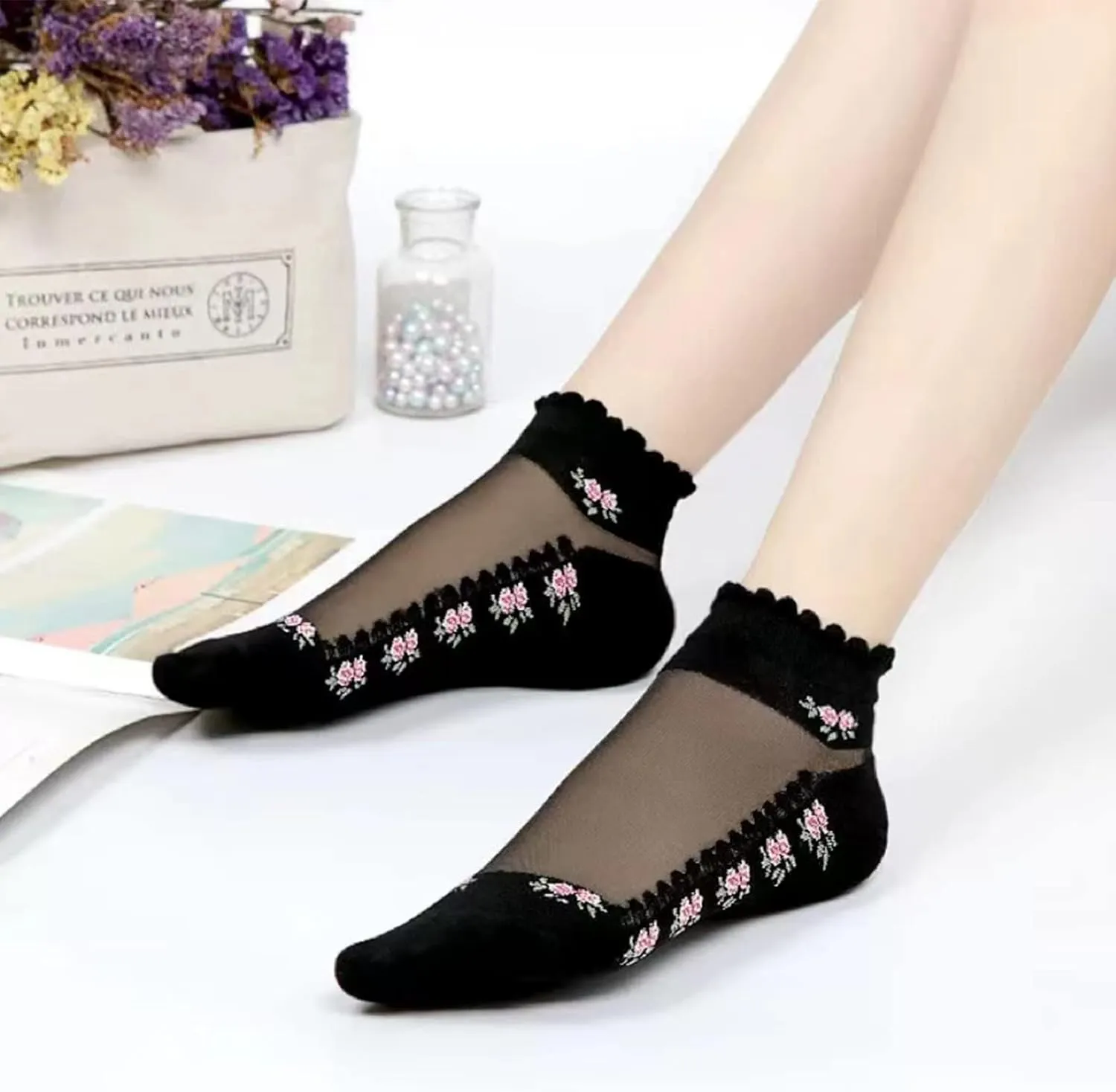 DXYAKY 5 Pairs Womens No show Socks Low Cut Girls Lace Socks Thin Nylon Mesh Socks Floral Patterned Fishnet Short Sock