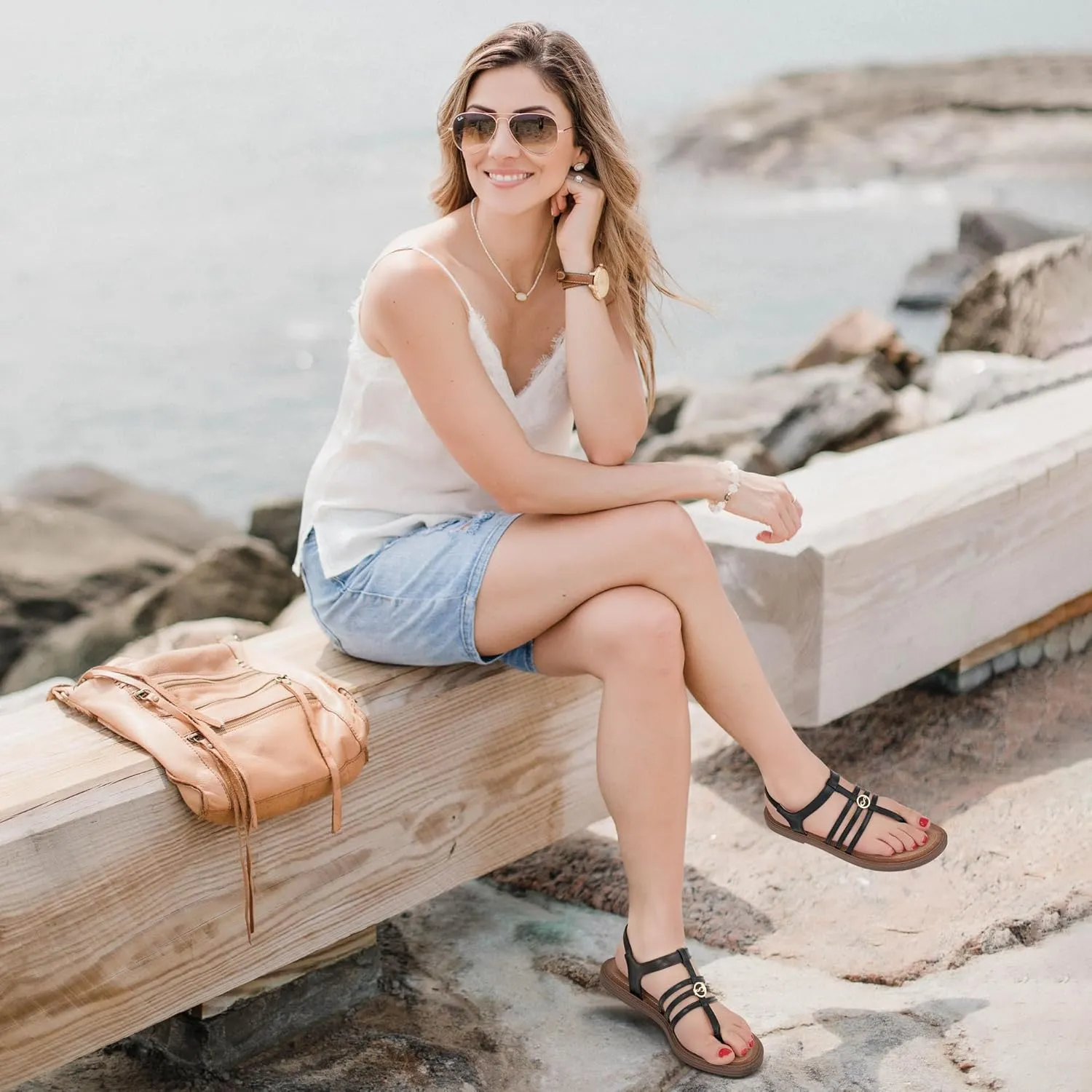 Ecetana Womens Flat Sandals for Women 2025 Dressy Summer Comfortable T-Strap Thong Shoes Beach Walking Sandals Size 5.5-11