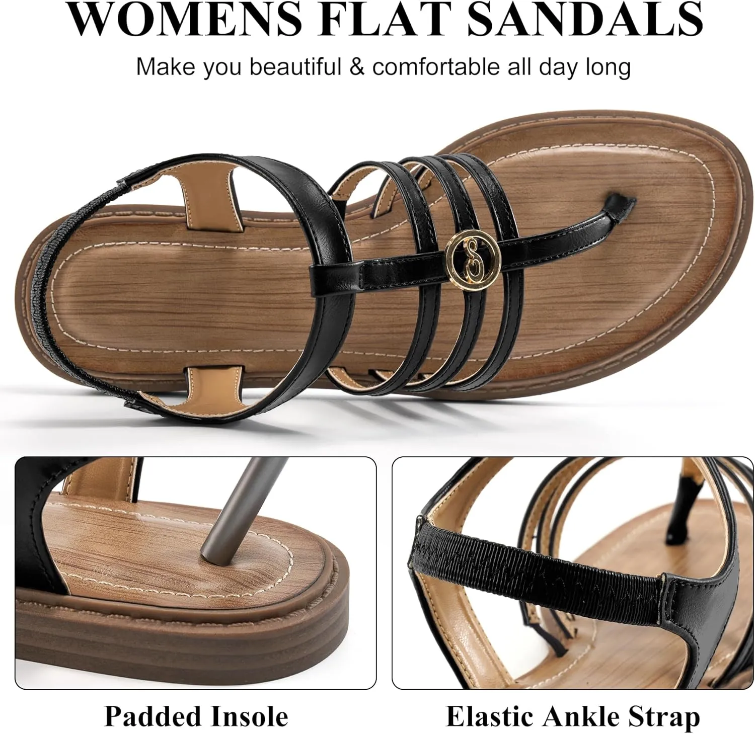 Ecetana Womens Flat Sandals for Women 2025 Dressy Summer Comfortable T-Strap Thong Shoes Beach Walking Sandals Size 5.5-11
