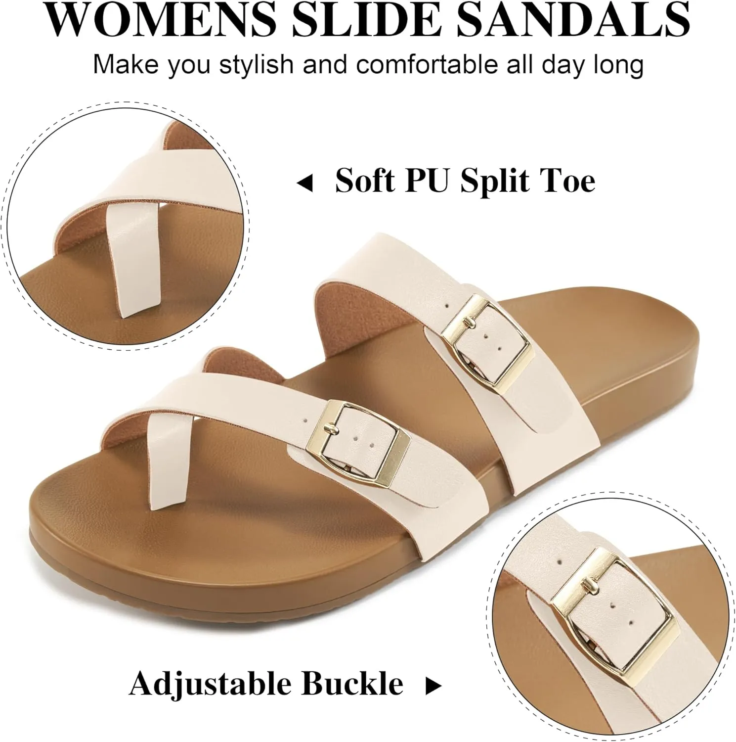 Ecetana Womens Sandals Dressy Summer Comfortable Casual Beach Flat Shoes Adjustable Buckle Slip On Walking Slides