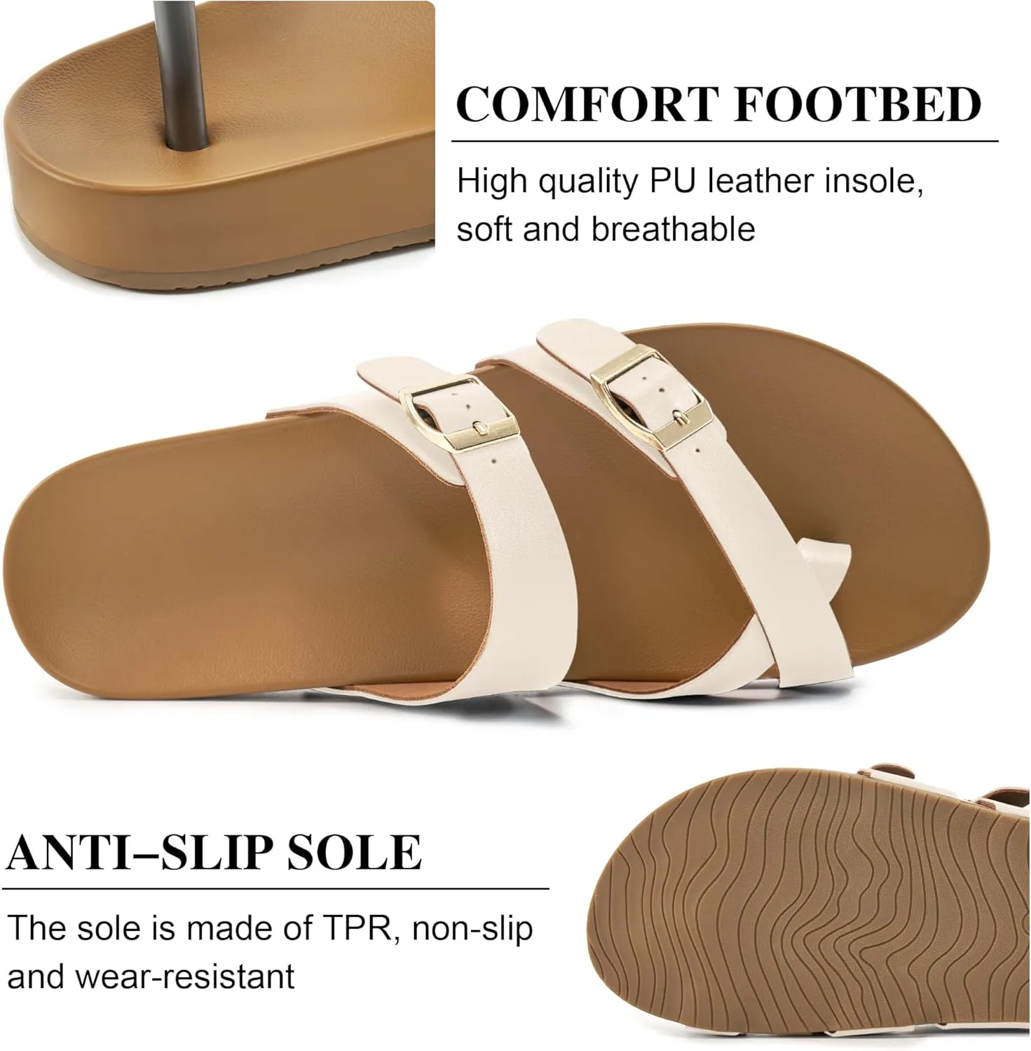 Ecetana Womens Sandals Dressy Summer Comfortable Casual Beach Flat Shoes Adjustable Buckle Slip On Walking Slides