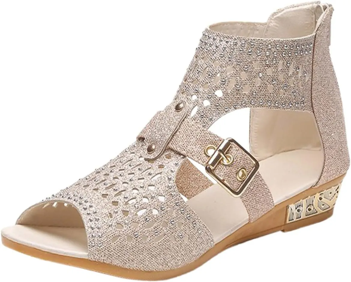 Eduavar Sandals for Women Dressy,Boho Sandals Womens Sandals Low Wedges Peep Toe Wrapped Sexy Cute Diamond Dressy Sandals
