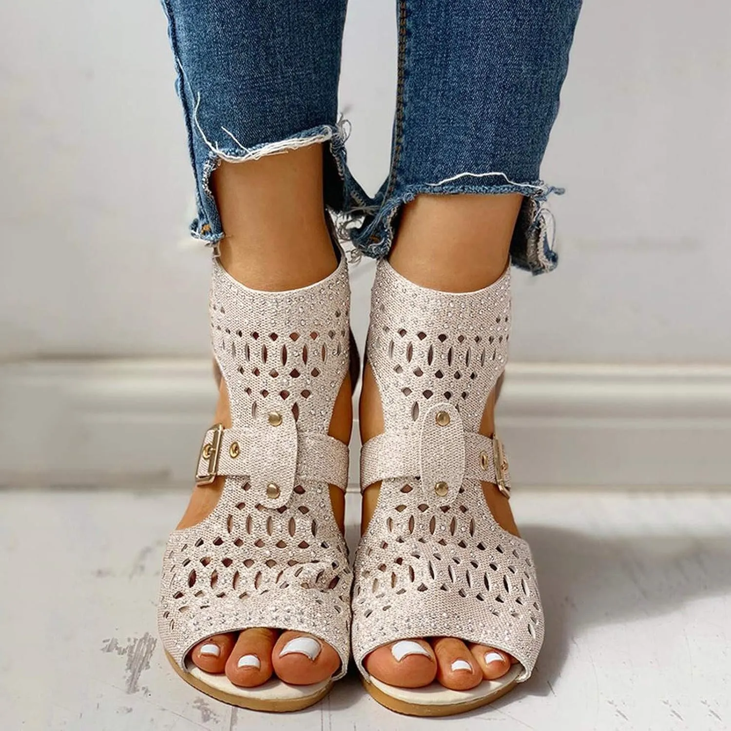 Eduavar Sandals for Women Dressy,Boho Sandals Womens Sandals Low Wedges Peep Toe Wrapped Sexy Cute Diamond Dressy Sandals