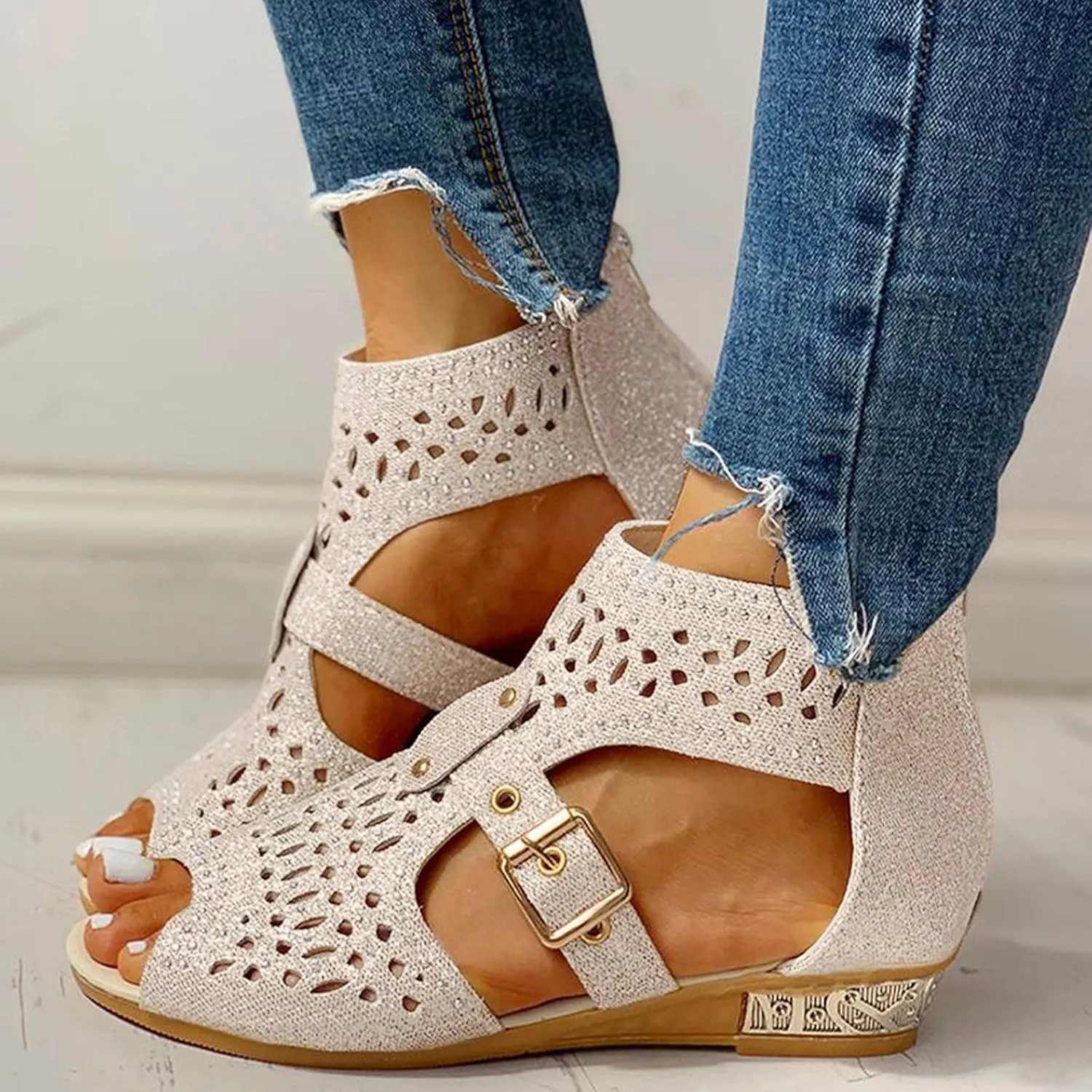 Eduavar Sandals for Women Dressy,Boho Sandals Womens Sandals Low Wedges Peep Toe Wrapped Sexy Cute Diamond Dressy Sandals