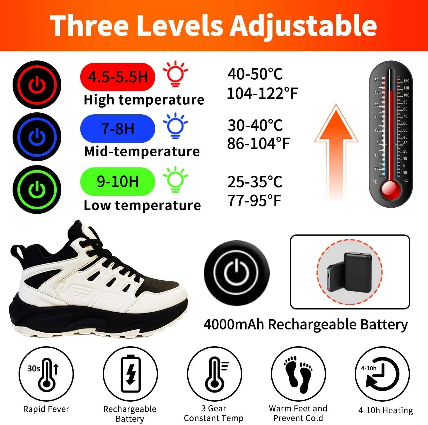 Electric Foot Warmer Rechargeable Heated Sneakers - Fast Heating, Lightweight Snow Boots for Men and Women - Waterproof Outdoor Shoes